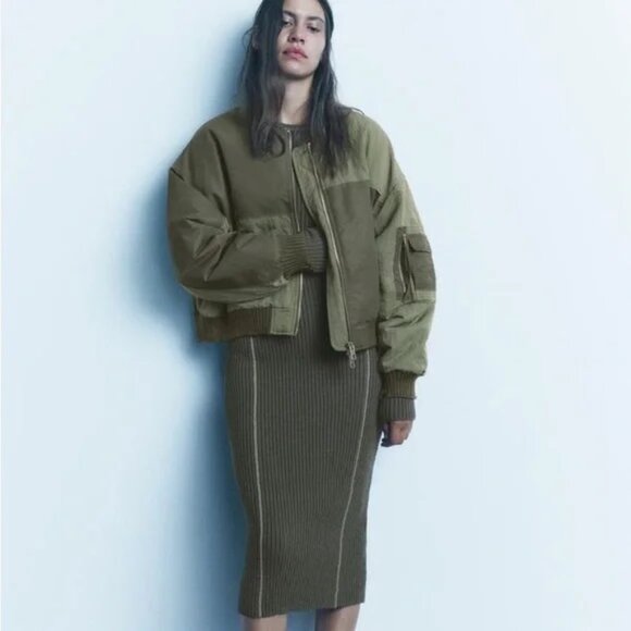 ZARA Water Repellant Patchwork Bomber Jacket Green Oversized Size Medium Padded - Picture 13 of 13
